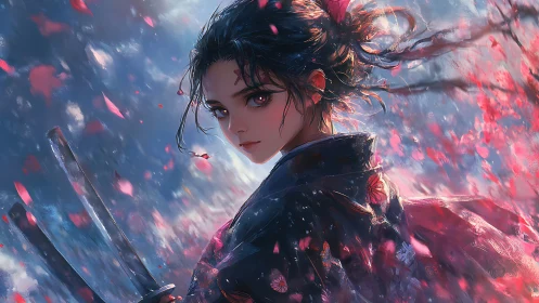 Samurai girl with swords under vivid falling petals.