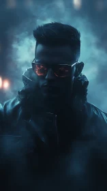 Mysterious figure in neon glow with firelit reflective shades.