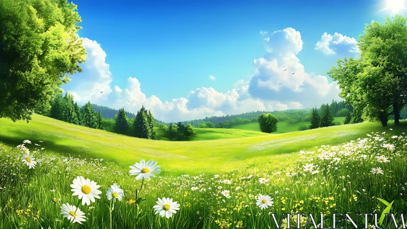 Sunlit wildflower meadow with rolling green hills and trees.