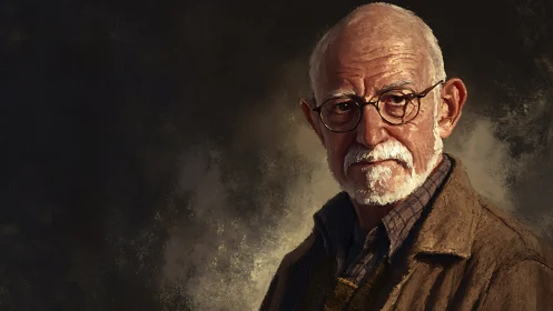 Textured digital portrait of elderly man in diffused chiaroscuro.