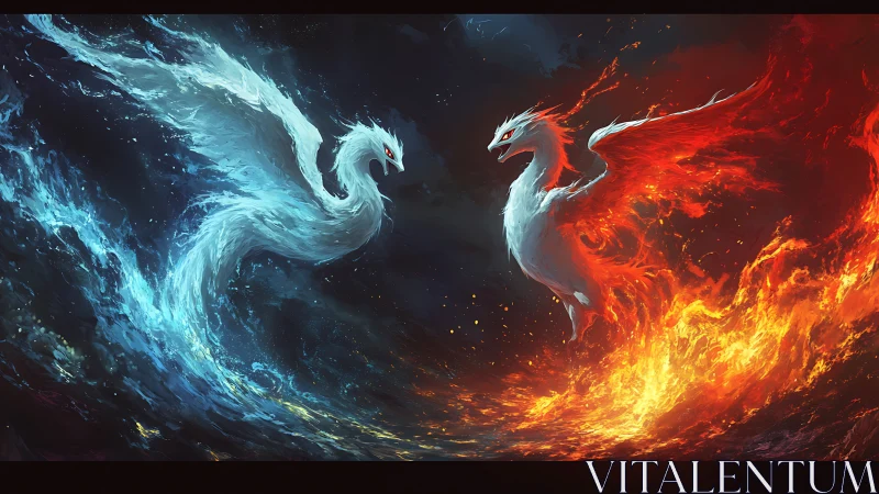 Elemental phoenix duel in swirling fire and ice vortex.