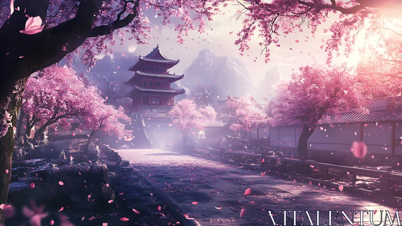 Gentle cherry blossoms lead toward a tranquil temple at dawn