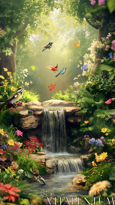 Enchanted forest waterfall with vibrant birds and flowers