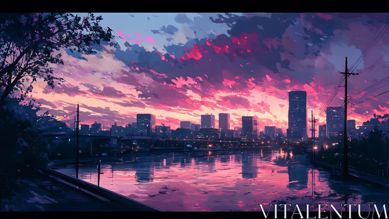 Neon sunset washes a quiet riverside city in vivid glow