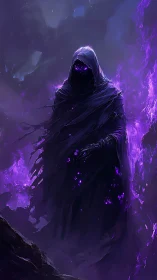 Hooded void wraith emerges from swirling violet flames