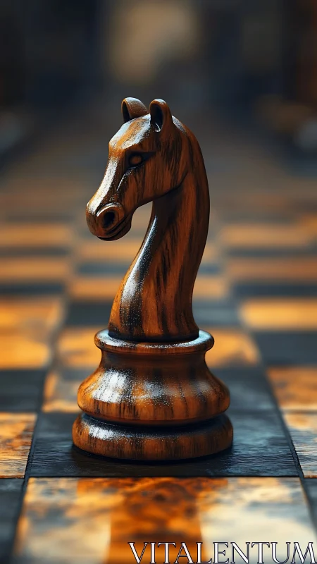 Stately wooden chess knight stands ready for a clever game