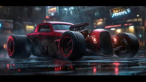 Neon-soaked hot rod under heavy rain in cyberpunk city.