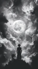 Silhouetted warrior contemplates a vast moonlit storm sky