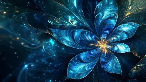 Radial fractal flower with luminous blue petals and nebular glow