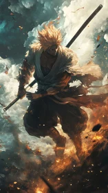 Stormlit samurai strides through fire and cloud-split skies