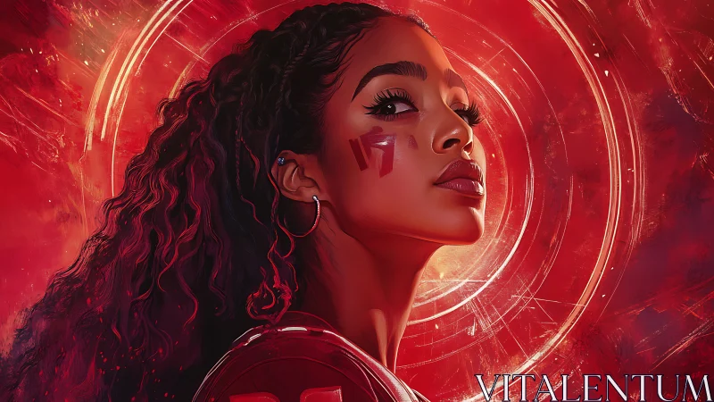 Side profile portrait of woman against concentric red rings