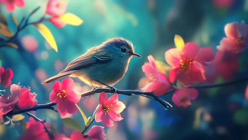 Small songbird on a cherry blossom branch in dreamy, soft focus style.
