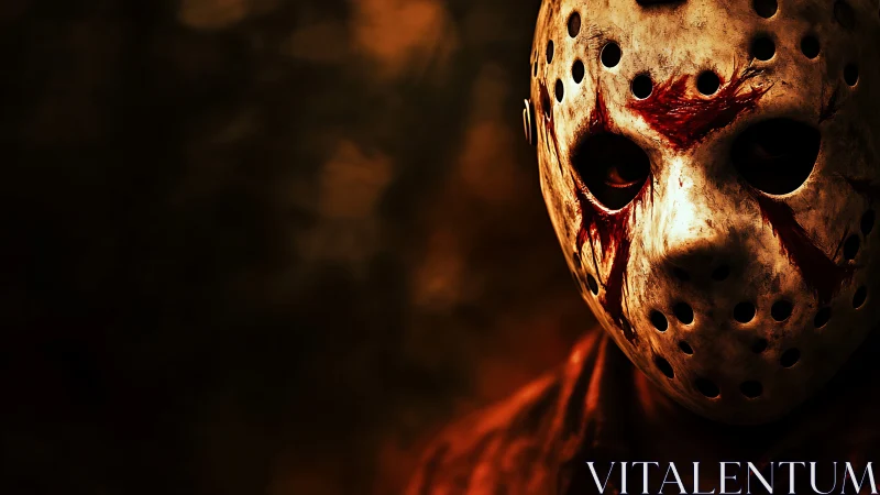 Hockey mask killer in bloodstained horror close-up portrait.