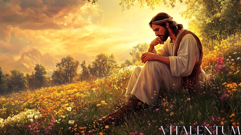 Contemplative robed figure in luminant alpine wildflower meadow.