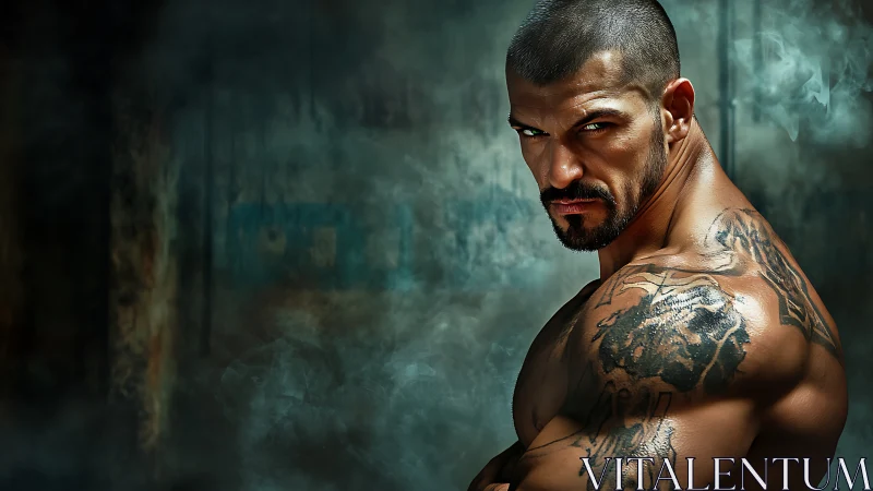 Tattooed muscular fighter in smoky teal industrial light