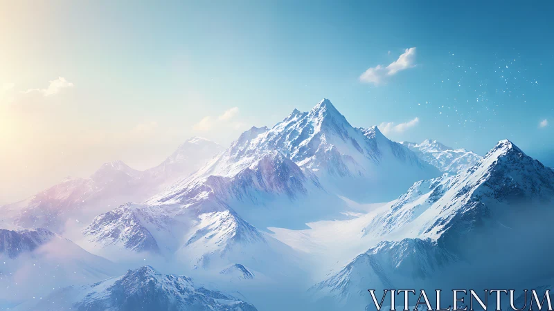 Sunlit alpine ridge with snow-covered peaks under clear sky