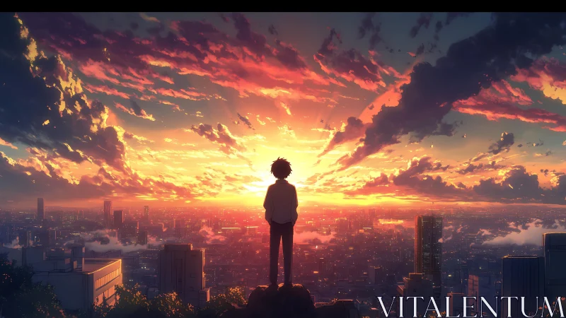 Solitary figure over neon city beneath blazing sunset sky.