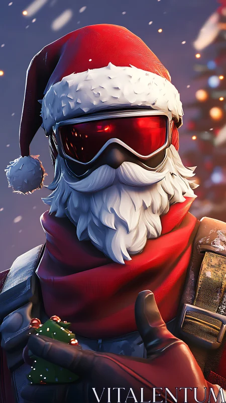 Tactical cyber-Santa avatar with reflective visor optics.