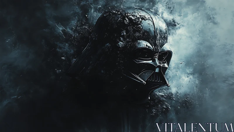 Fragmenting black helmet rendered in high contrast digital smoke field