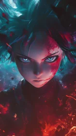 Dual-element anime warrior in blazing teal and crimson storm.
