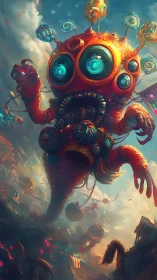 Colossal cyborg cephalopod over surreal floating cityscape.