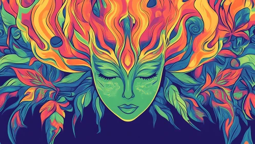 Vibrant green goddess face framed by fire and foliage