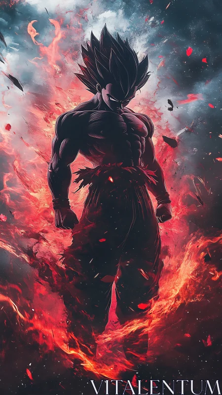 Powerful anime warrior in red energy flame aura stance.