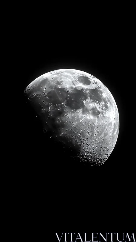 Lunar surface close-up of illuminated half moon in space.