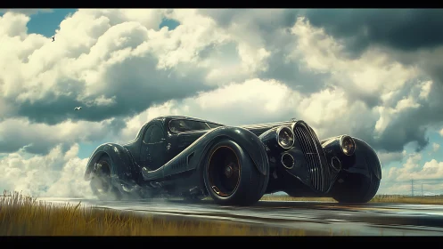 Graceful vintage supercar cruising under stormy skies.