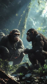 Forest council of chimpanzees in shards of misty sunlight.