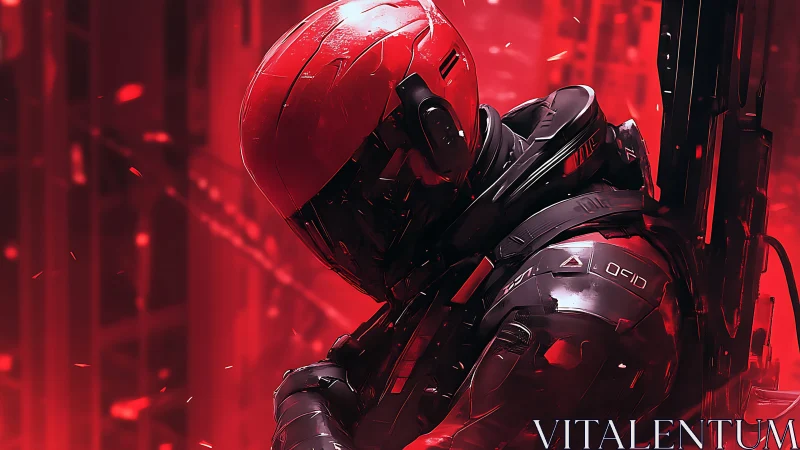Armored sci fi soldier crouches in red futuristic environment
