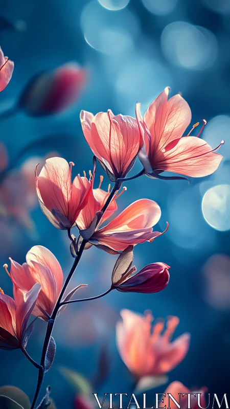 Pink flowers bloom against azure sky bokeh background.