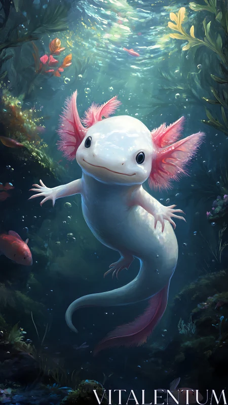Playful axolotl drifting through luminous kelp forest.