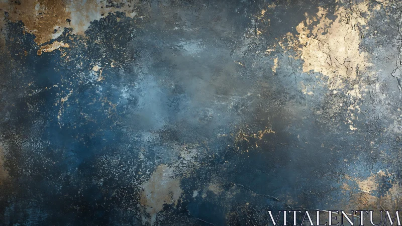 Abstract textured wall with blue and gold distressed effect.