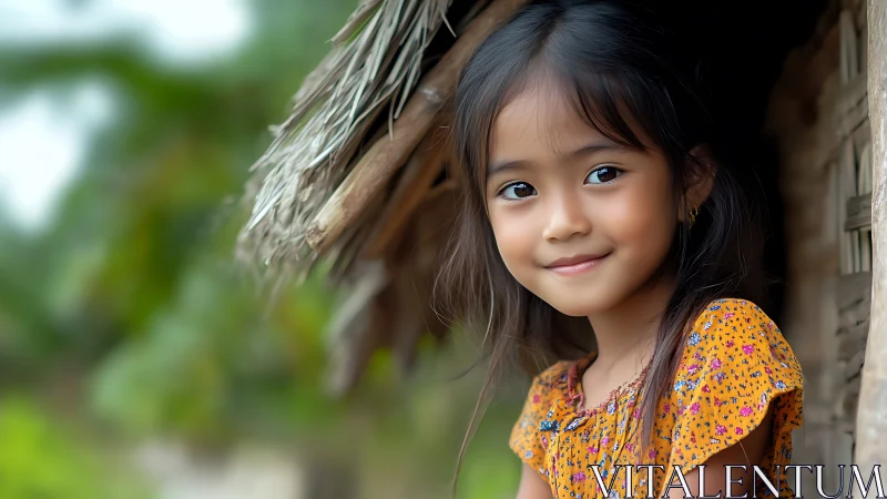 Young Girl in Golden Floral Dress by Rustic Shelter.