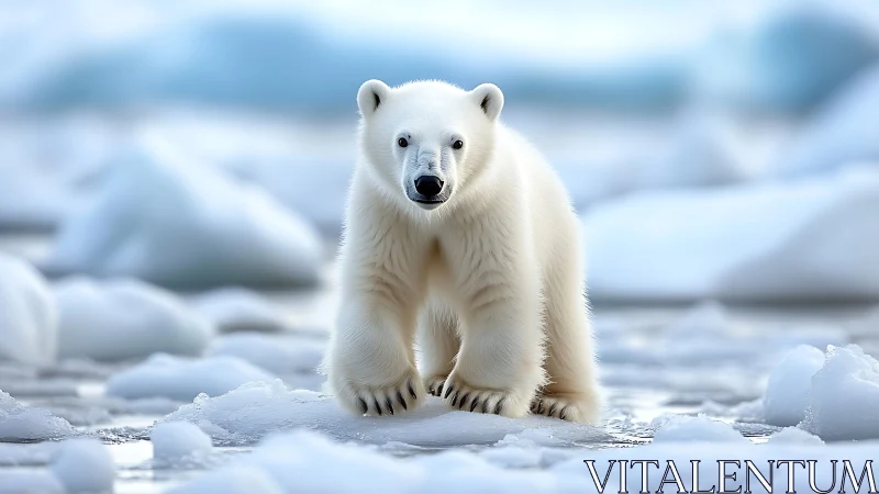 Snow-bright polar cub poised on drifting shards of ice.