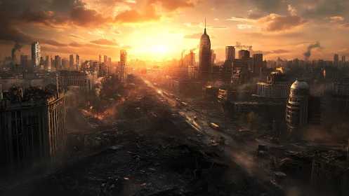 Post-apocalyptic city skyline under burning sunset glow.