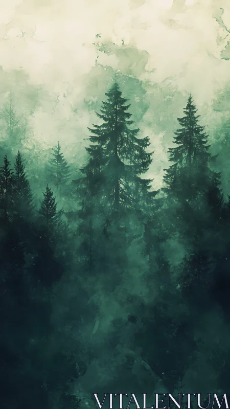 Ethereal Coniferous Forest Landscape: Atmospheric Watercolor Composition.