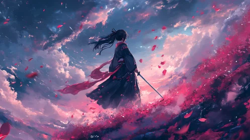 Lone warrior greets a storm of petals under glowing skies