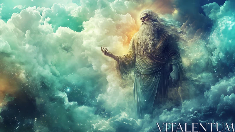 Ethereal elder figure standing amid luminous cloudscape.