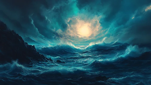 Turbulent open sea under dense storm clouds at dusk.