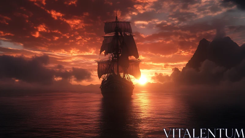 Tall ship sailing gently into a glowing sunset horizon.