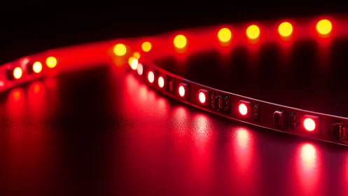 Red LED light strip on dark reflective surface at close range.