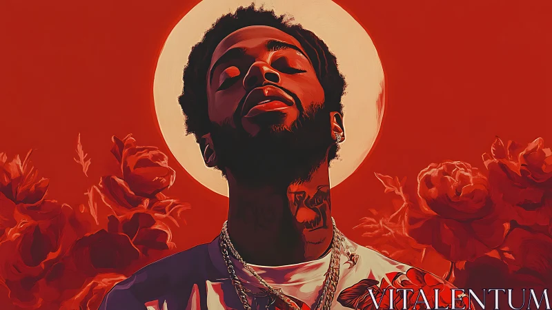 Backlit portrait of tattooed man with floral red background halo