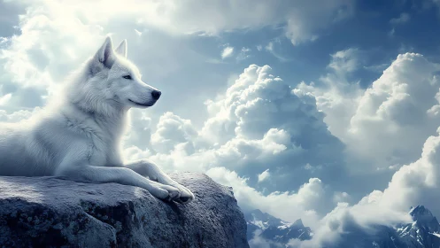 White alpine wolf resting on cliff under dramatic clouds.