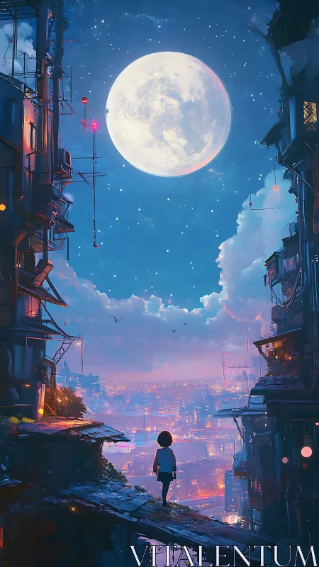 Child faces moonlit cybercity skyline from narrow ledge