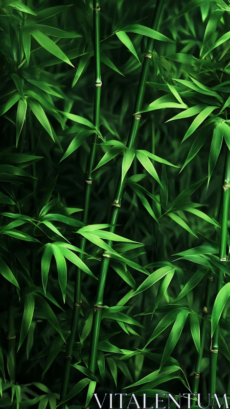 Dense green bamboo stalks with overlapping segmented leaves.
