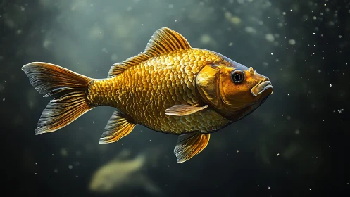 Golden koi fish rendered in dynamic underwater lighting.