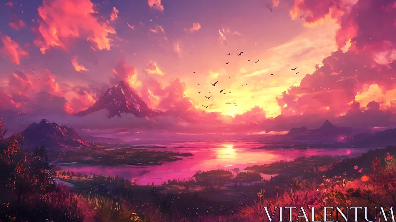 Vivid fantasy sunset over mountains, lake and wildflowers.