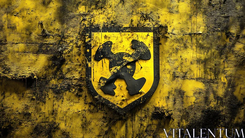 Grungy yellow crest displays bold crossed hammers in relief
